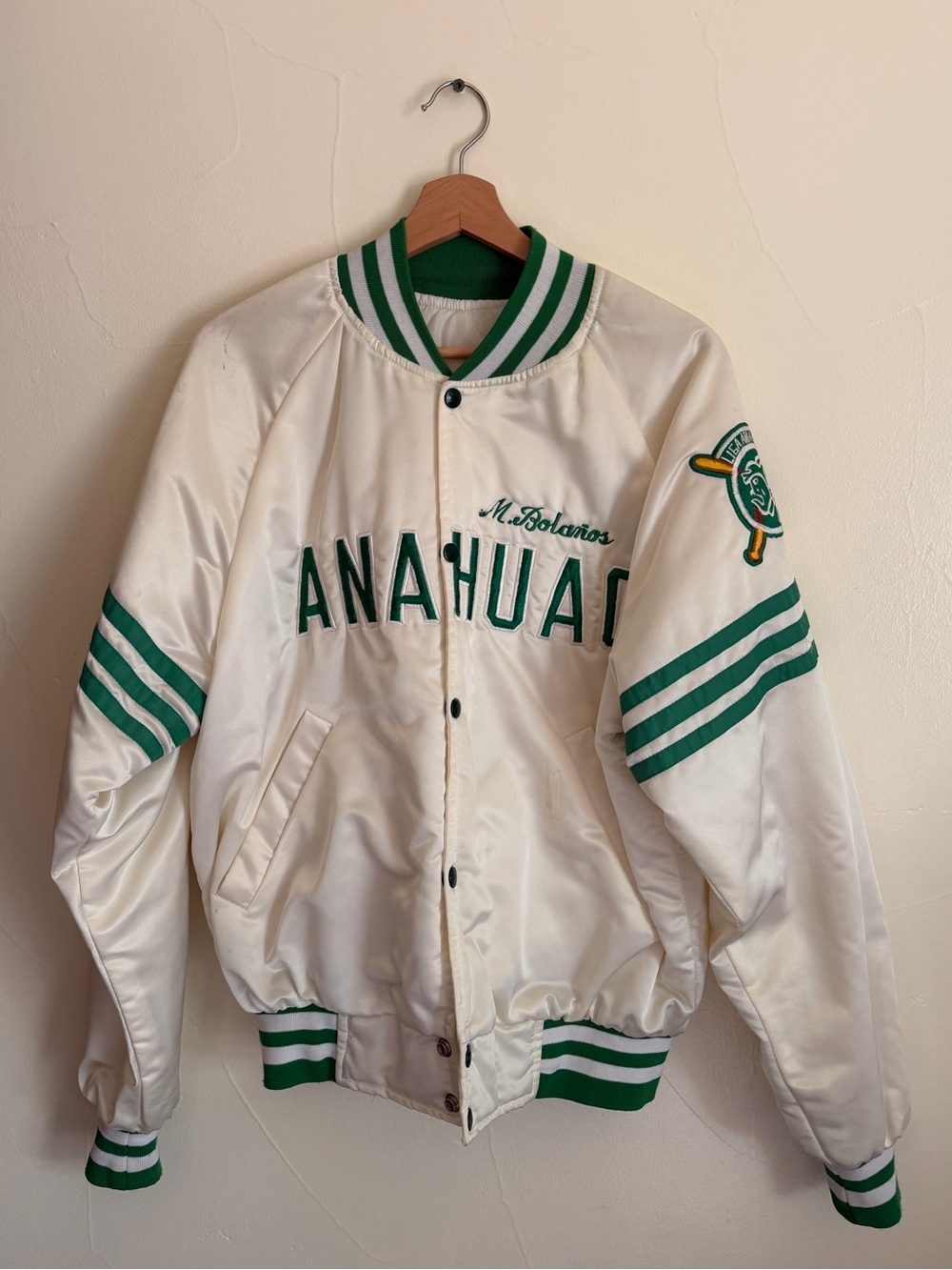 México City Baseball Anahuac White Satin Varsity Jacket with Green Trim